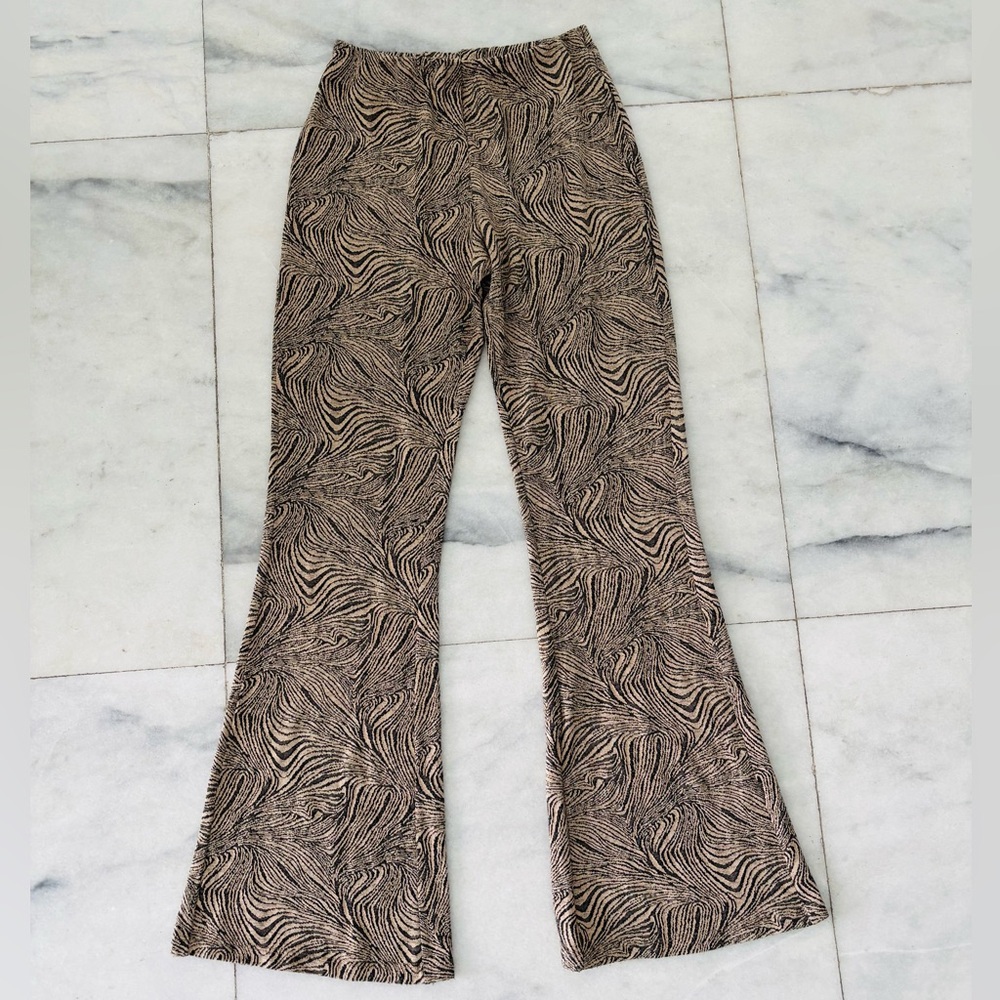 ZARA Pants Flare Pull On Knit Animal Print Black Beige Women S Boho 70s Retro